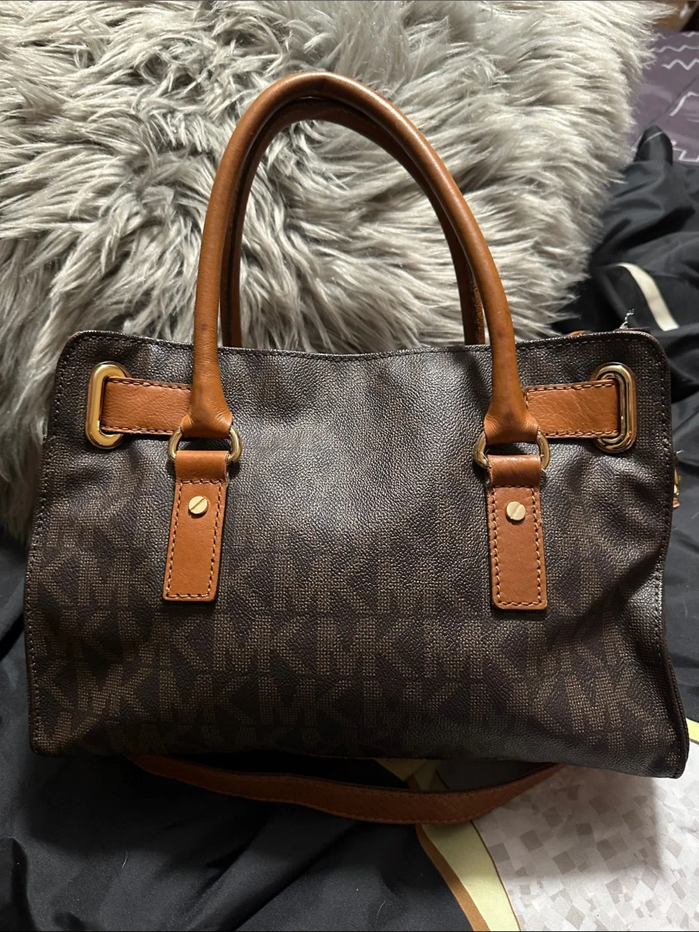 Michael Kors Brown & Cognac Logo Satchel with Gold Hardware